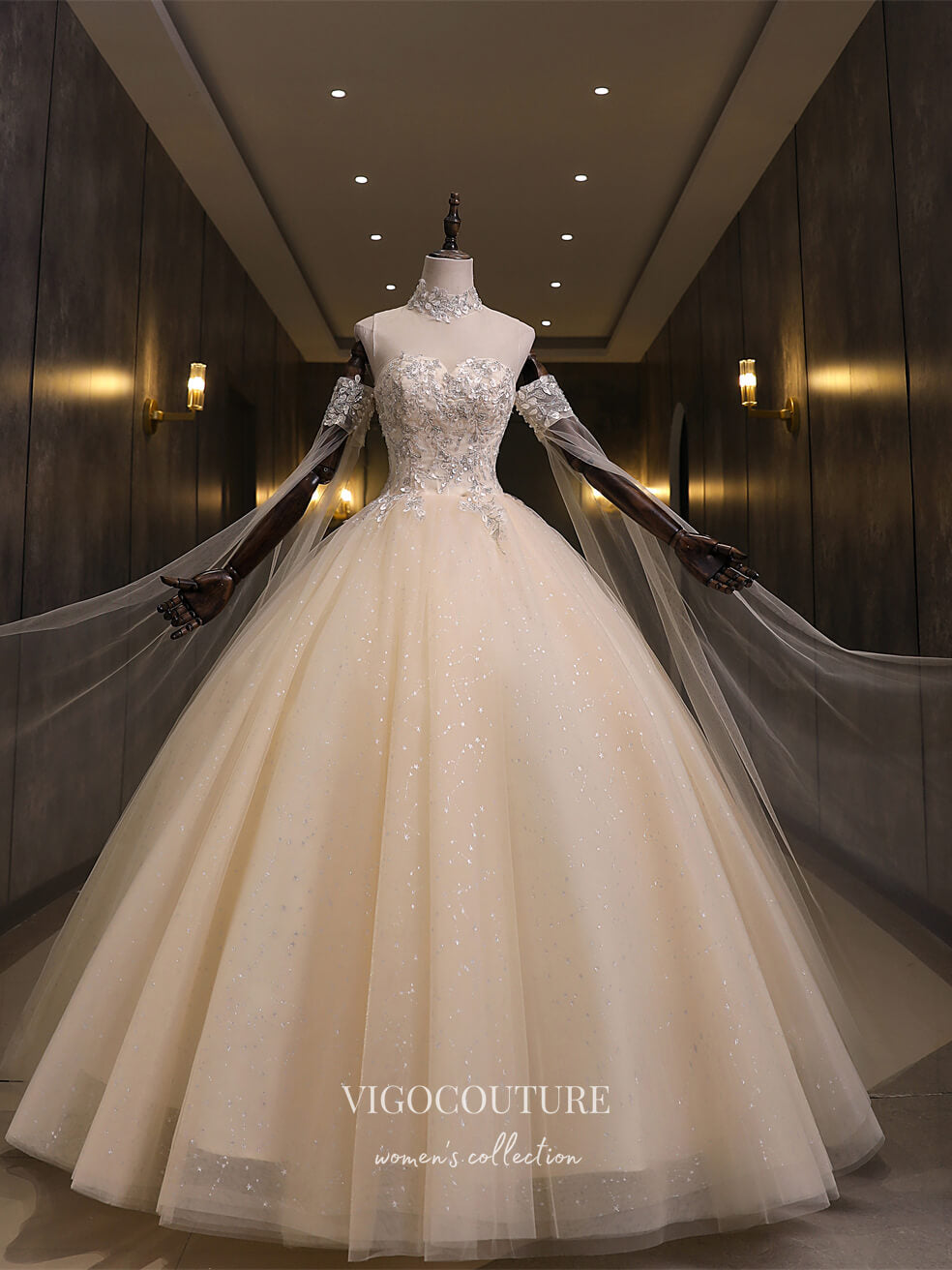 Champagne Lace Applique Quinceanera Dresses Extra Long Sleeve Sweet 16 –  vigocouture